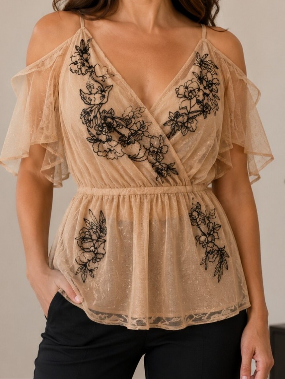 Express Mesh Tulle Cold Shoulder Top